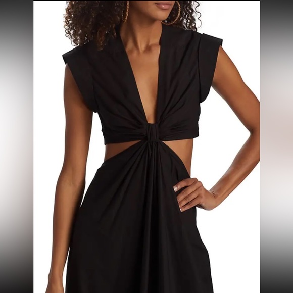 Jason Wu Waist Cutout Cuffed Cap Sleeve V-Neck Satin Dress Black, Size S, $400 - Picture 10 of 11